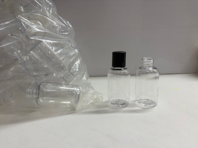 66 Clear 2oz Boston Round Bottles w/black dispensing caps (2)
