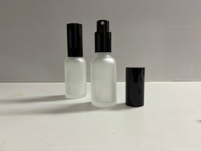 50 Frosted Glass 1oz bottle - with Black Gloss Sprayers & metal cap