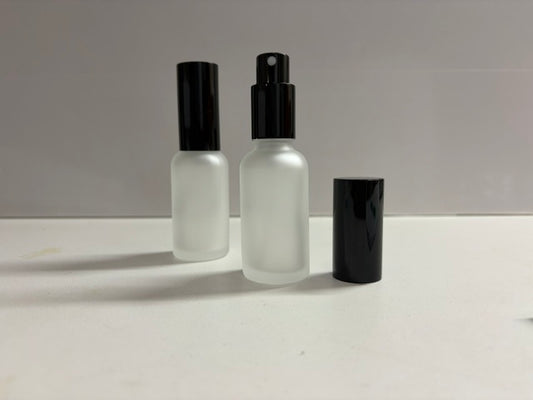 50 Frosted Glass 1oz bottle - with Black Gloss Sprayers & metal cap