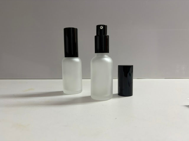 50 Frosted Glass 1oz bottle - with Black Gloss treatment pumps & metal cap