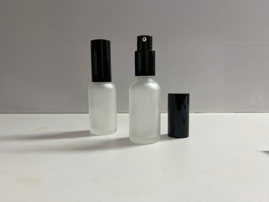 50 Frosted Glass 1oz bottle - with Black Gloss treatment pumps & metal cap
