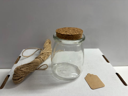 7oz glass jars with cork lids, tags and twine- lot of 29